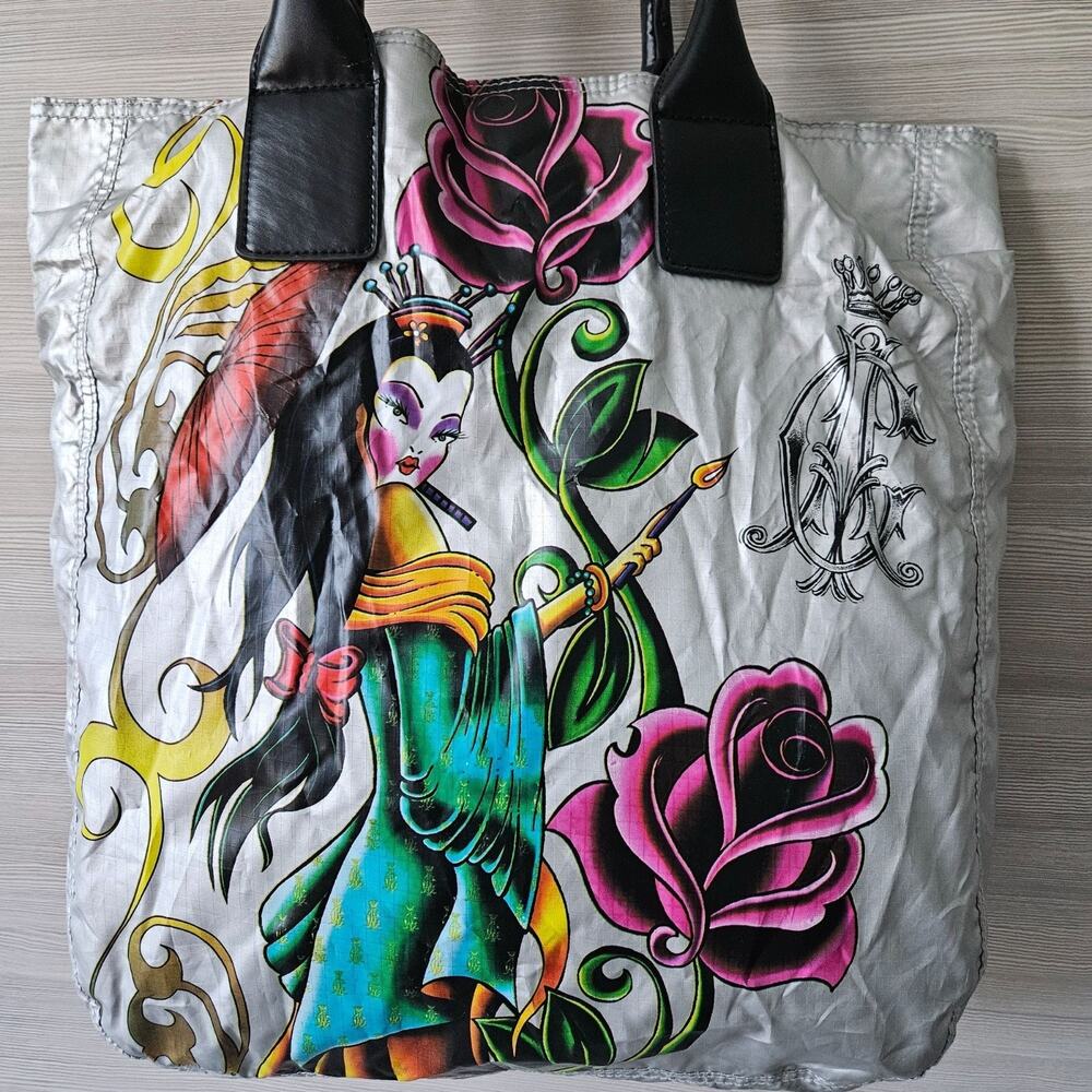 Christian Audigier Y2K Silver Tote Bag Rose Queen Geisha Ed Hardy Graphic Print‎ - Picture 4 of 16